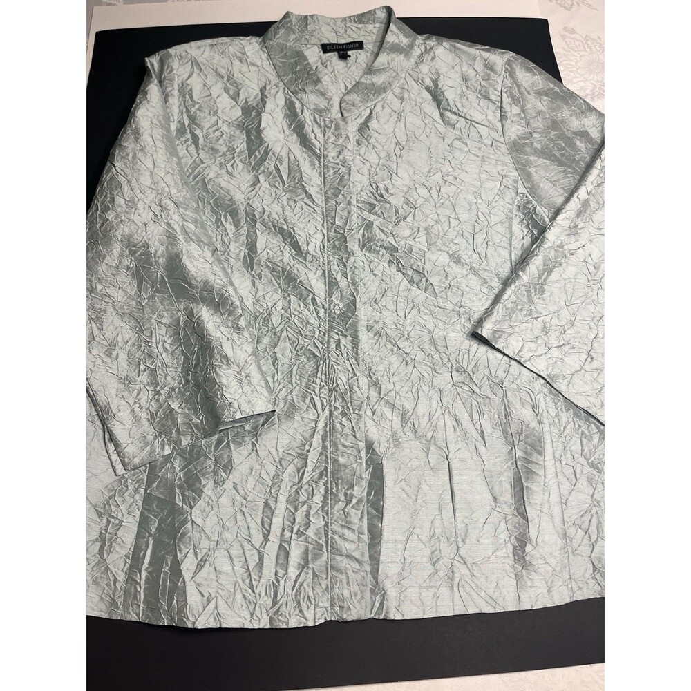 Eileen Fisher 100% Silk Light Greenish Blue Crinkle 3/4 Sleeve Shirt Jacket Sz M